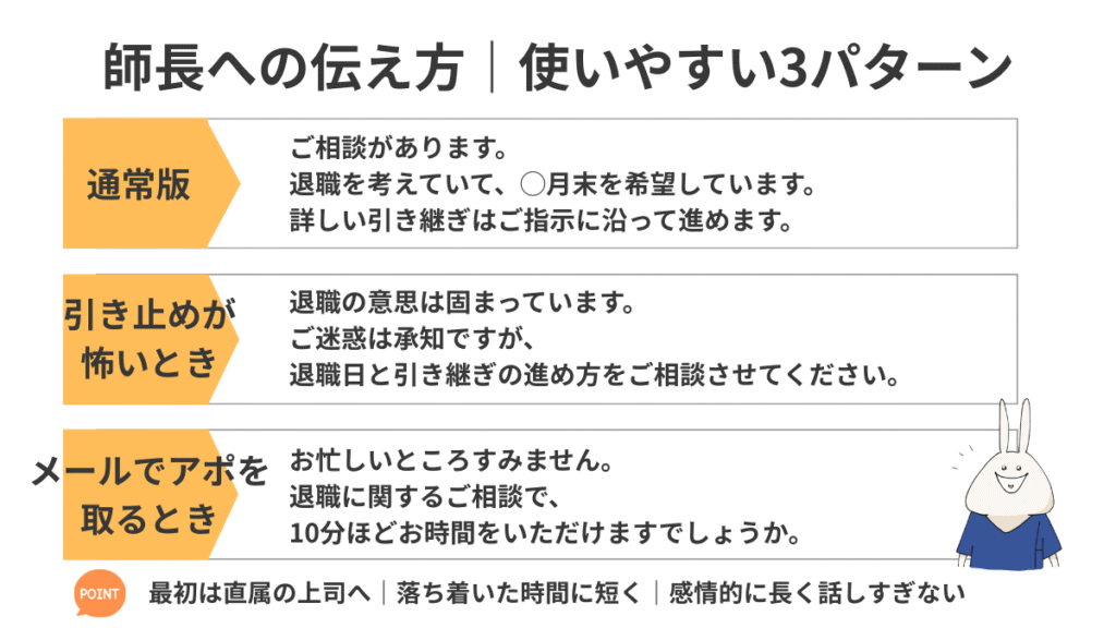 看護師が師長へ退職を伝えるときの言い方を3パターンでまとめた図解