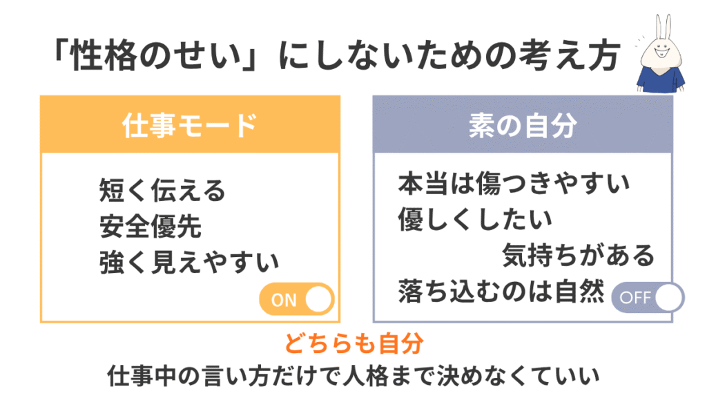 仕事モードの自分と素の自分を上下で分けて示し、看護師は仕事中の言い方だけで人格を決めなくてよいと伝える図解