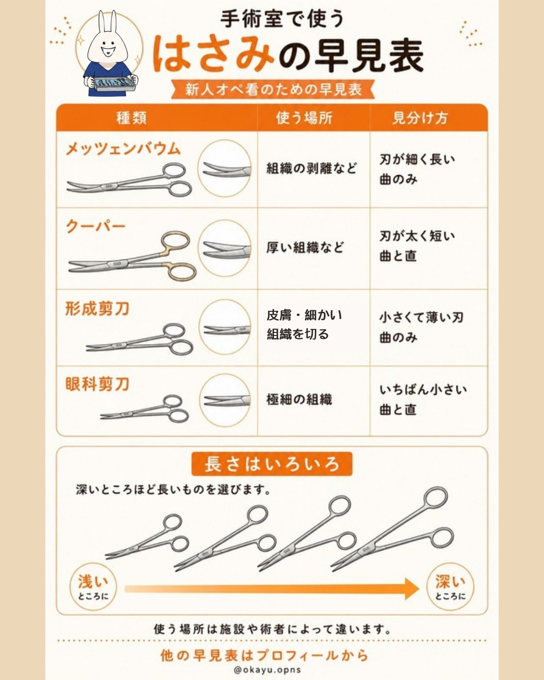 はさみの早見表。メッツェンバウム・クーパー・形成剪刀・眼科剪刀の使う場所と見分け方