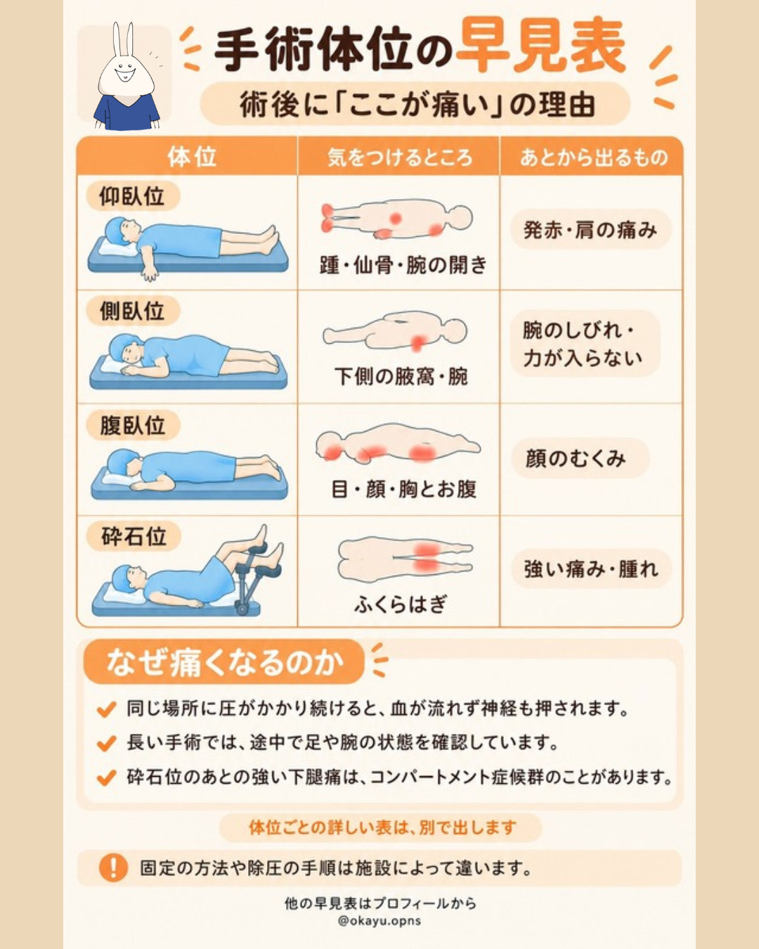 手術体位の早見表|仰臥位・側臥位・腹臥位・砕石位の注意点